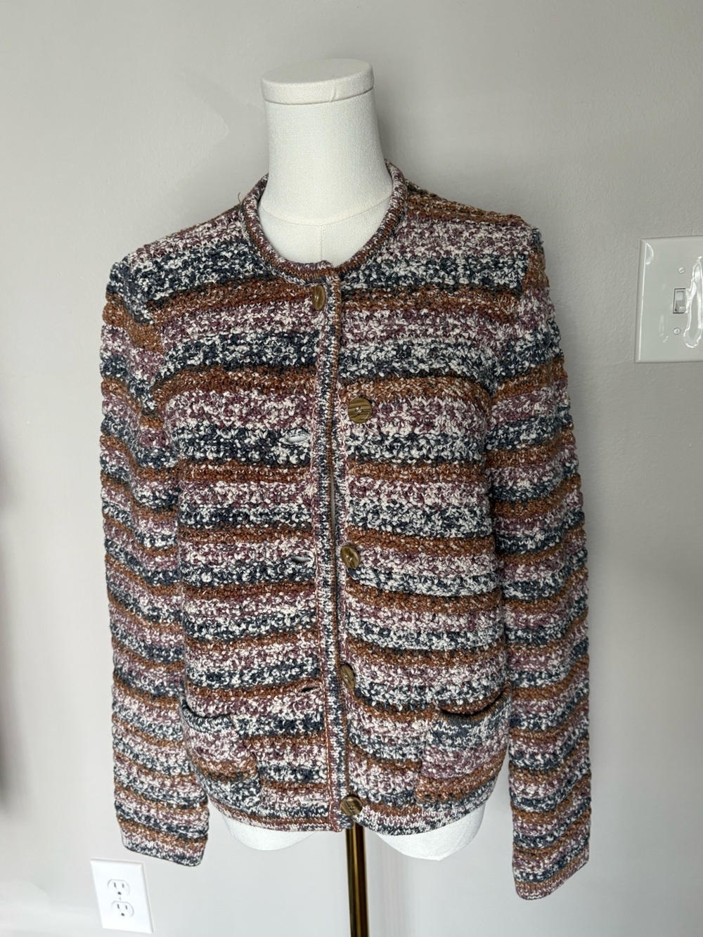 House of Harlow 1960 Brown Multi Bouclé Striped Cardigan